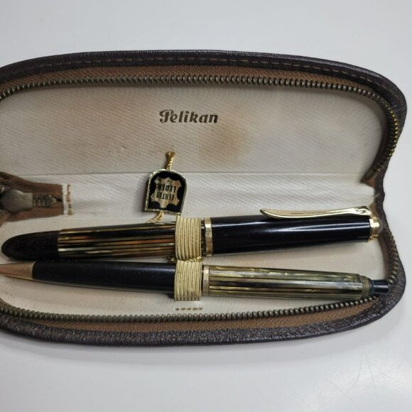 Pelikan‎ Fountain Pen Tortoise Brown Stripe Case Mechanical Pencil Zip Vintage - Picture 2 of 16